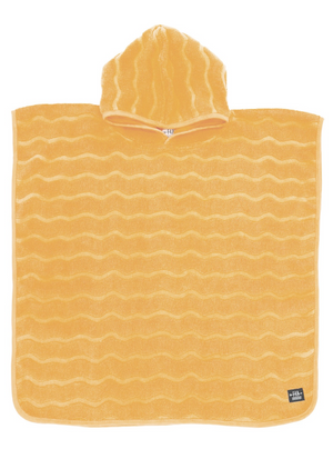 Perfect for beach or pool days, the Feather 4 Arrow Baby and Kids' El Ray Poncho features a yellow hooded terry cloth with a wave pattern and a small black label at the bottom right.