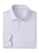 The Peter Millar Langley Crown Lite Cotton-Stretch Sport Shirt is a folded, long-sleeve, button-up made from easy-care stretch cotton, featuring light purple and white vertical stripes.
