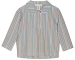 The Boys’ Light Woven Sailor Shirt by Serendipity features long sleeves, a collar, and a front button placket. Made from soft organic cotton, it showcases light blue, beige, and white vertical stripes for a classic look.