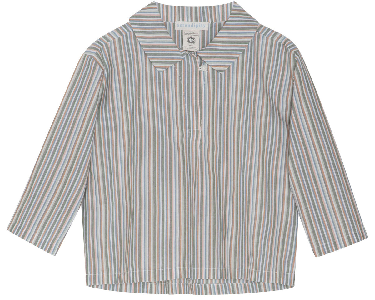 The Boys’ Light Woven Sailor Shirt by Serendipity features long sleeves, a collar, and a front button placket. Made from soft organic cotton, it showcases light blue, beige, and white vertical stripes for a classic look.