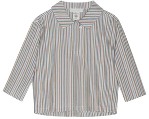 The Boys’ Light Woven Sailor Shirt by Serendipity features long sleeves, a collar, and a front button placket. Made from soft organic cotton, it showcases light blue, beige, and white vertical stripes for a classic look.