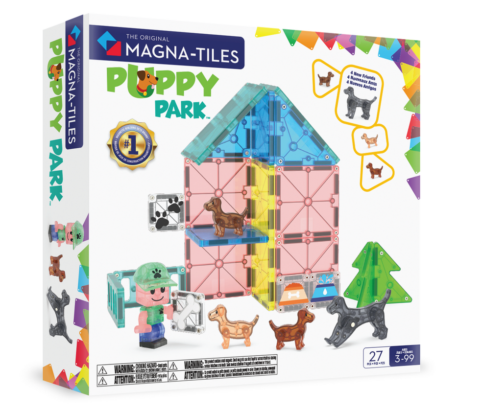The Magnatiles Puppy Park 27-Piece Set includes magnetic tiles, four dog figures, a doghouse, and a tree—perfect for imaginative play. Recommended for ages 3 and up.