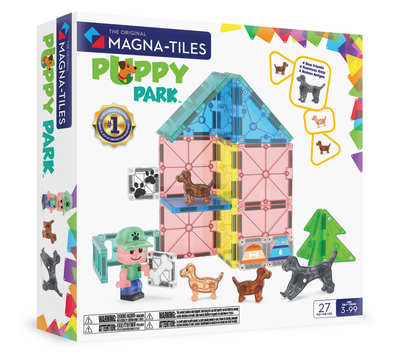 The Magnatiles Puppy Park 27-Piece Set includes magnetic tiles, four dog figures, a doghouse, and a tree—perfect for imaginative play. Recommended for ages 3 and up.