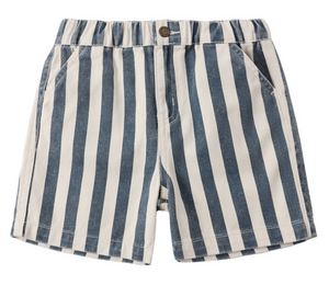 The Rylee & Cru Baby Boys' and Boys' Dawson Short features vertical blue and white stripes, an elastic waistband, side pockets, and a front button—perfect comfy shorts for kids.