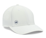 The Peter Millar Off Set Crown Seal Performance Hat is a white, lightweight hat with a small circular navy crown patch on the front and moisture-wicking fabric to keep you cool and comfortable all day.