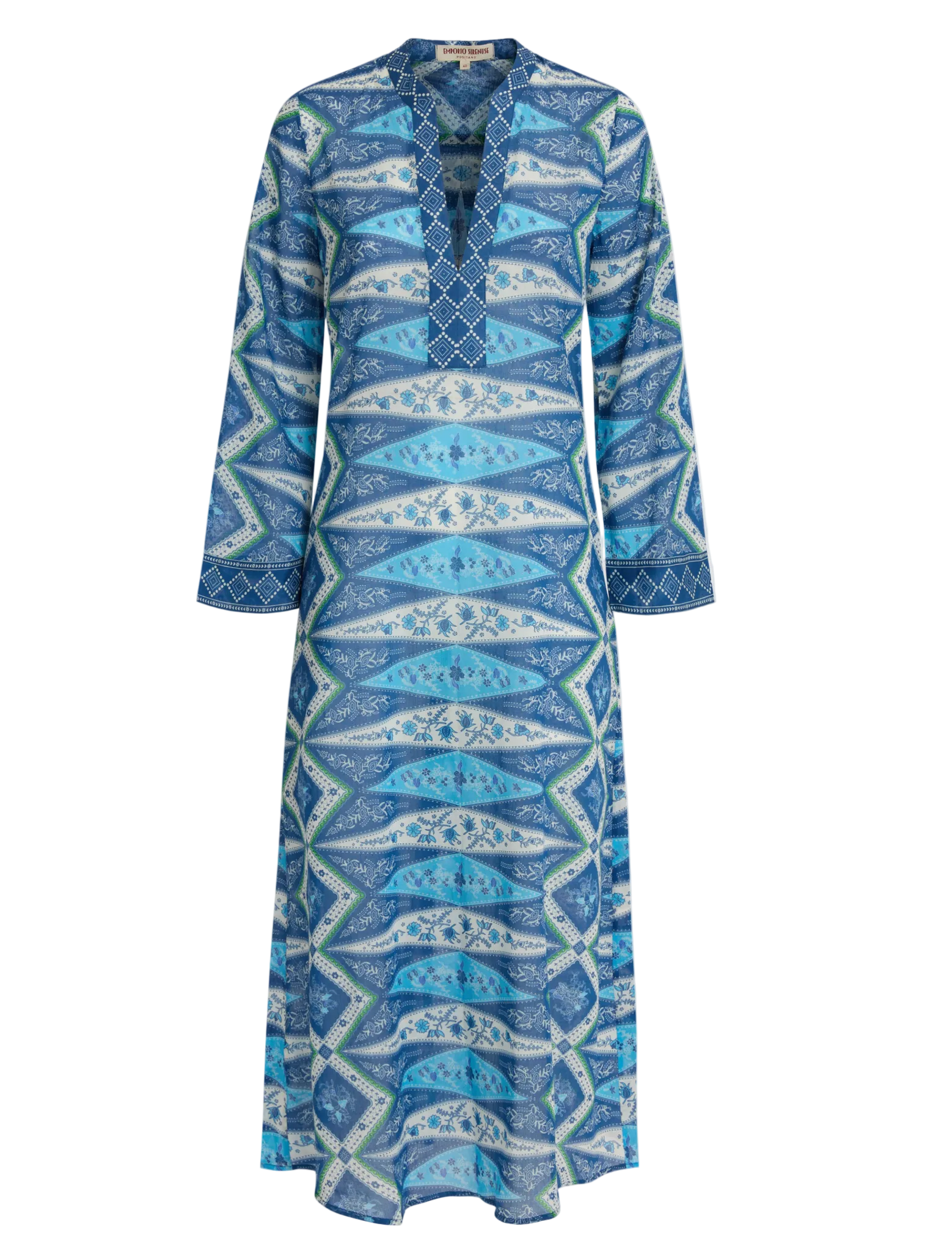 Emporio Sirenuse Jenna Kites Caftan Dress—long-sleeved blue and white patterned caftan featuring a deep V-neckline and geometric detailing on the neckline, cuffs, and bodice.