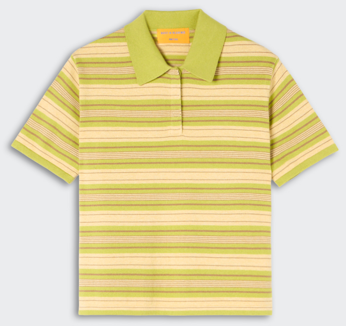 The Guest in Residence Short Sleeve Stripe Rugby features a collared design with horizontal green and beige stripes and a built-in layered look for extra style.