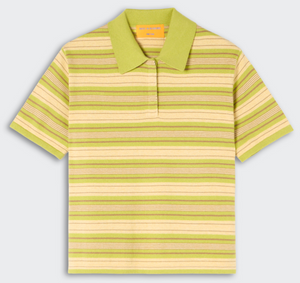 The Guest in Residence Short Sleeve Stripe Rugby features a collared design with horizontal green and beige stripes and a built-in layered look for extra style.
