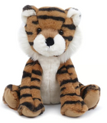 Archie Tiger by Mon Ami sits facing forward against a white background, featuring soft brown fur, bold black stripes, a white belly, and white cheeks. This adorable plush toy is perfect for cuddling or display.