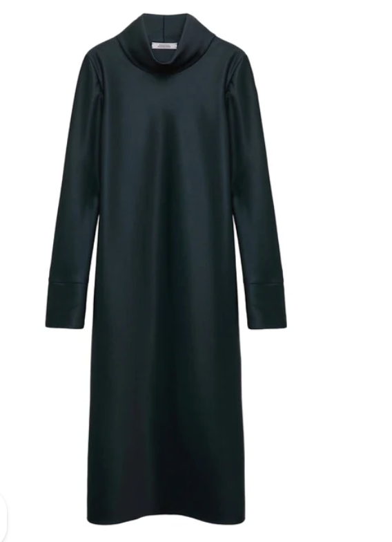 The Shiny Statement Dress by Dorothee Schumacher features long sleeves, a knee-length straight silhouette, and a draped turtleneck collar in black.