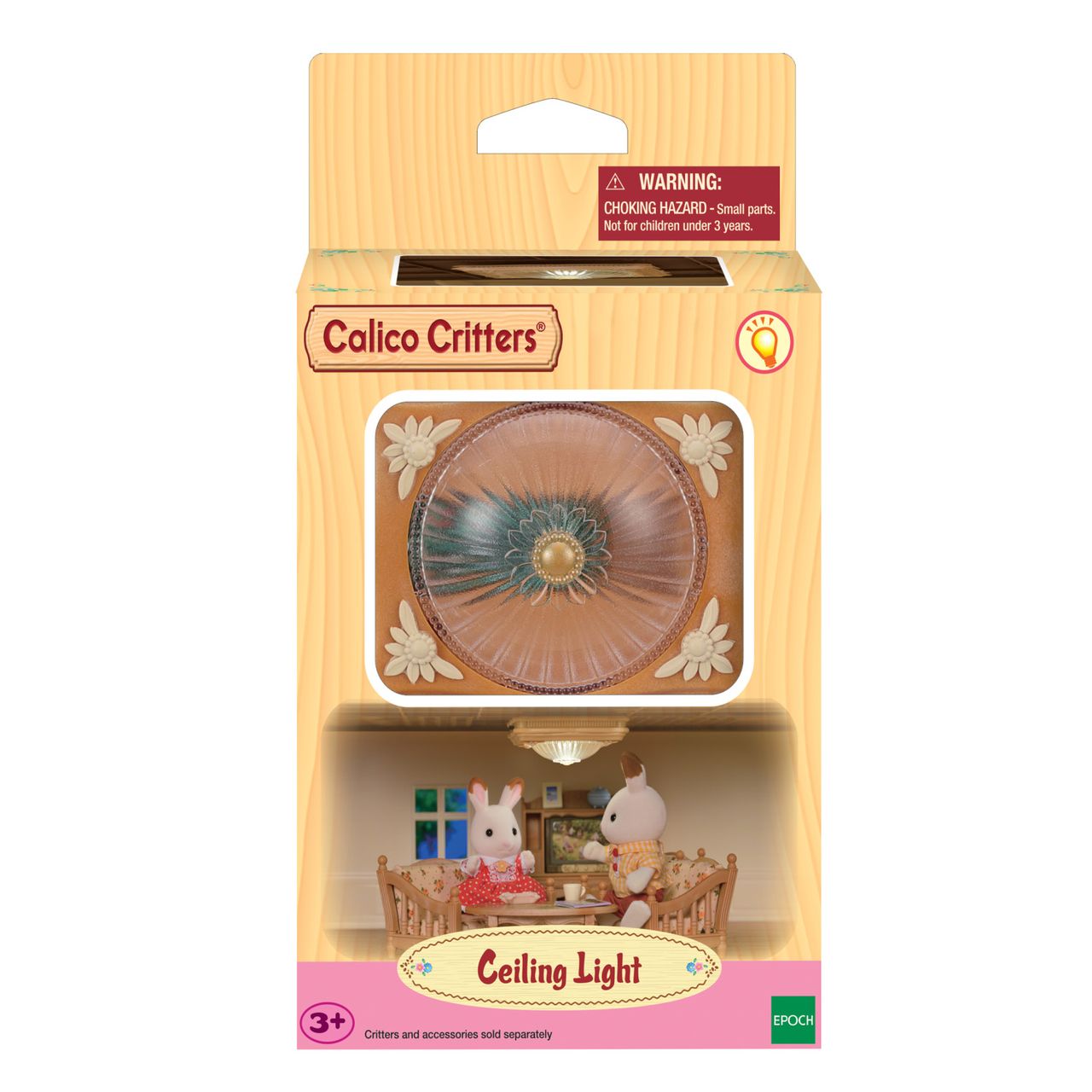 The Calico Critters Ceiling Light, shown in its packaging with a round ceiling light accessory and illustrated critter figures dining together on the lower part of the box, makes a charming addition to your dollhouse décor.