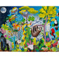 Dive into the eeboo Rainforest Life 20 Piece Puzzle by Eeboo, a vibrant jungle scene featuring a sloth, toucan, gorilla, and tapir nestled among lush green foliage and flowers beneath a nighttime sky. This educational toy is designed to captivate young minds.