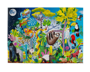 Dive into the eeboo Rainforest Life 20 Piece Puzzle by Eeboo, a vibrant jungle scene featuring a sloth, toucan, gorilla, and tapir nestled among lush green foliage and flowers beneath a nighttime sky. This educational toy is designed to captivate young minds.