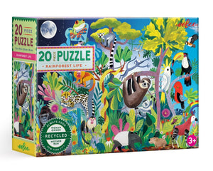 The eeboo Rainforest Life 20 Piece Puzzle from Eeboo features a vibrant scene teeming with animals such as sloths, birds, and frogs. Designed as an educational toy for children aged 3 and up, it's an ideal choice for young explorers.