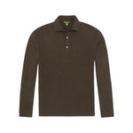 The Sid Mashburn Long-Sleeved Rally Polo Sweater, shown in dark brown with a classic collar and three-button neckline, features a slim fit and sweater-knit construction, displayed flat against a white background.