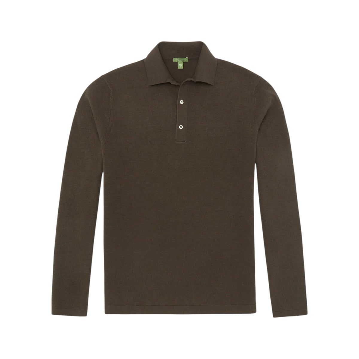 The Sid Mashburn Long-Sleeved Rally Polo Sweater, shown in dark brown with a classic collar and three-button neckline, features a slim fit and sweater-knit construction, displayed flat against a white background.
