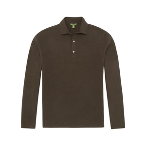 The Sid Mashburn Long-Sleeved Rally Polo Sweater, shown in dark brown with a classic collar and three-button neckline, features a slim fit and sweater-knit construction, displayed flat against a white background.