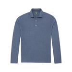 Sid Mashburn’s Long-Sleeved Rally Polo Sweater, shown in blue and laid flat on a white background, features a classic collar, three-button placket, and modern slim fit crafted from high-twist cotton in a sweater-knit design.