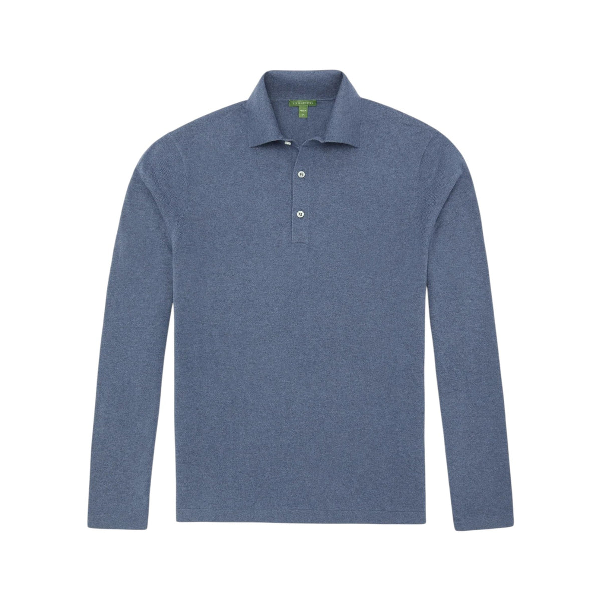 Sid Mashburn’s Long-Sleeved Rally Polo Sweater, shown in blue and laid flat on a white background, features a classic collar, three-button placket, and modern slim fit crafted from high-twist cotton in a sweater-knit design.