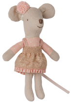 Maileg’s Driver Mouse, Little Sister, features a charming stuffed toy mouse dressed in a pink polka dot top, gold dress, and pink hair accessory, complete with a long tail and stitched facial details—ideal for imaginative adventures or for taking on trips in her cozy mouse car.