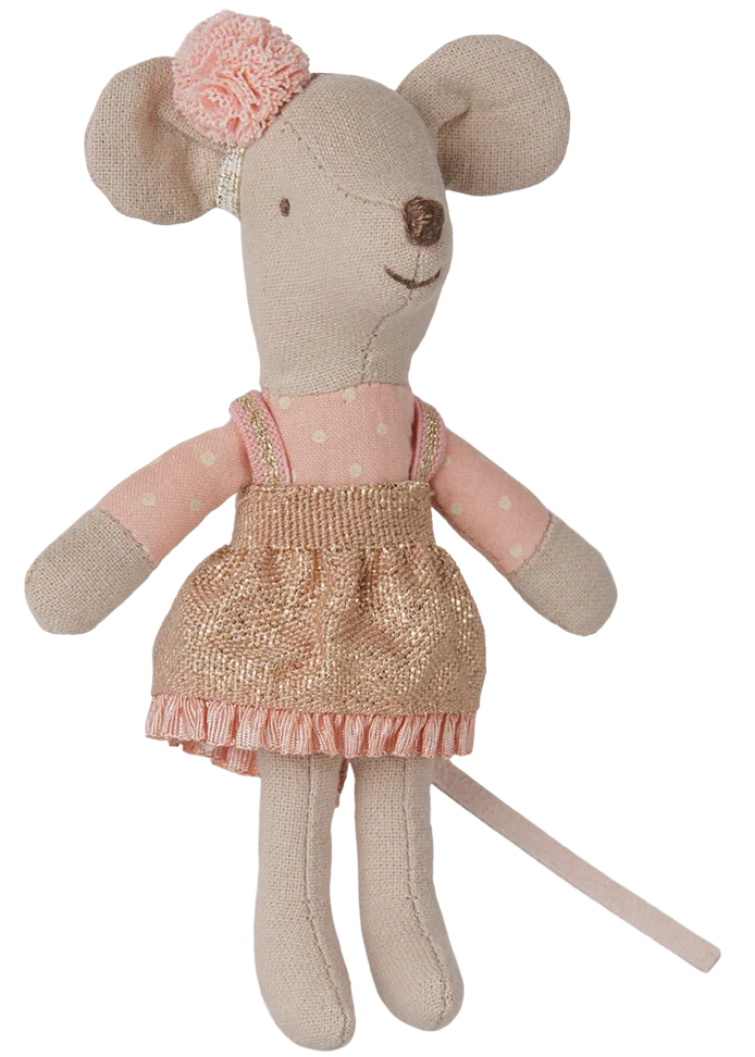 Maileg’s Driver Mouse, Little Sister, features a charming stuffed toy mouse dressed in a pink polka dot top, gold dress, and pink hair accessory, complete with a long tail and stitched facial details—ideal for imaginative adventures or for taking on trips in her cozy mouse car.