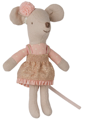 Maileg’s Driver Mouse, Little Sister, features a charming stuffed toy mouse dressed in a pink polka dot top, gold dress, and pink hair accessory, complete with a long tail and stitched facial details—ideal for imaginative adventures or for taking on trips in her cozy mouse car.