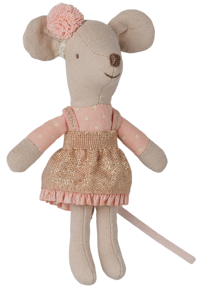 Maileg’s Driver Mouse, Little Sister, features a charming stuffed toy mouse dressed in a pink polka dot top, gold dress, and pink hair accessory, complete with a long tail and stitched facial details—ideal for imaginative adventures or for taking on trips in her cozy mouse car.