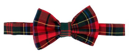 A Baylor Bowtie by The Beaufort Bonnet Company, featuring a red Paces Mill Plaid with green, yellow, blue, and black stripes, is displayed pre-tied and adjustable against a white background.