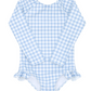 A Minnow Girls' Rashguard One Piece by Minnow, featuring a long-sleeve, blue-and-white gingham checkered design for children with ruffled leg openings and buttery soft fabric.