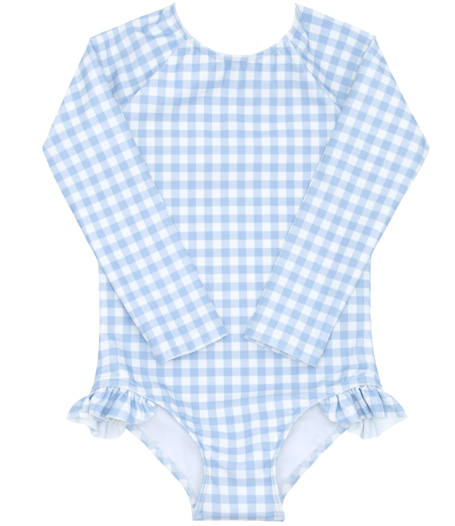 A Minnow Girls' Rashguard One Piece by Minnow, featuring a long-sleeve, blue-and-white gingham checkered design for children with ruffled leg openings and buttery soft fabric.