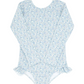 Long-sleeved, blue floral-patterned Minnow Girls' Rashguard One Piece with buttery soft fabric and ruffle hip details by Minnow.