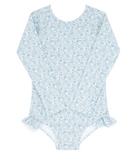 Long-sleeved, blue floral-patterned Minnow Girls' Rashguard One Piece with buttery soft fabric and ruffle hip details by Minnow.