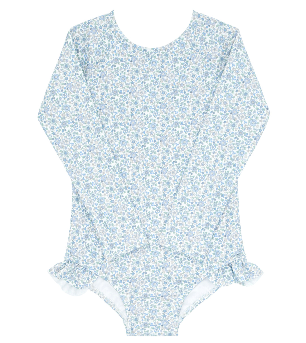 Long-sleeved, blue floral-patterned Minnow Girls' Rashguard One Piece with buttery soft fabric and ruffle hip details by Minnow.