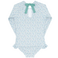 Minnow Girls' Rashguard One Piece with a light blue and white pattern, buttery soft fabric, and a keyhole opening at the back with a green bow tie closure. It also features UPF protection to keep you safe from the sun's rays. This product is by Minnow.