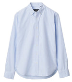The Rag & Bone Classic Oxford Shirt features light blue and white vertical stripes, a collar, classic fit, and long sleeves. Made from yarn-dyed cotton, it is shown on a white background.