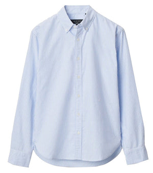 The Rag & Bone Classic Oxford Shirt features light blue and white vertical stripes, a collar, classic fit, and long sleeves. Made from yarn-dyed cotton, it is shown on a white background.