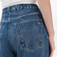 A person shown from the back waist down wearing Rag & Bone's Miramar Terry Sofie Full blue high-waisted jeans with a white ribbed top.