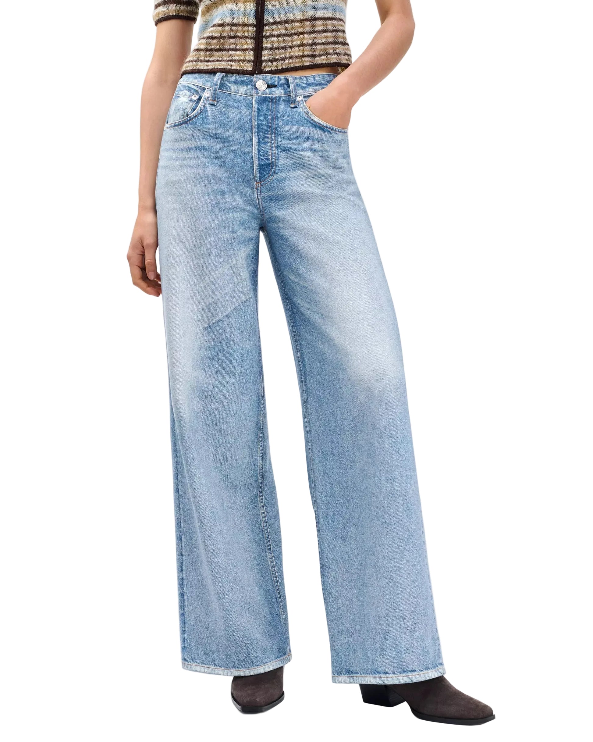 Person wearing Rag & Bone Miramar Terry Sofie Wide Pant, a striped short-sleeve top, and black heeled boots, with hands in the pant pockets.