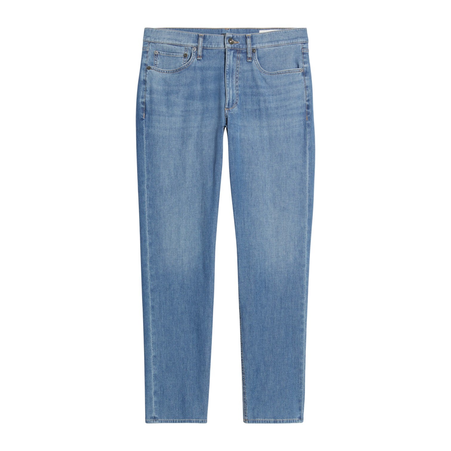 The Rag & Bone Fit 2 Airflex jeans are light blue, straight-leg, lightweight with five pockets and a button closure, shown on a white background.