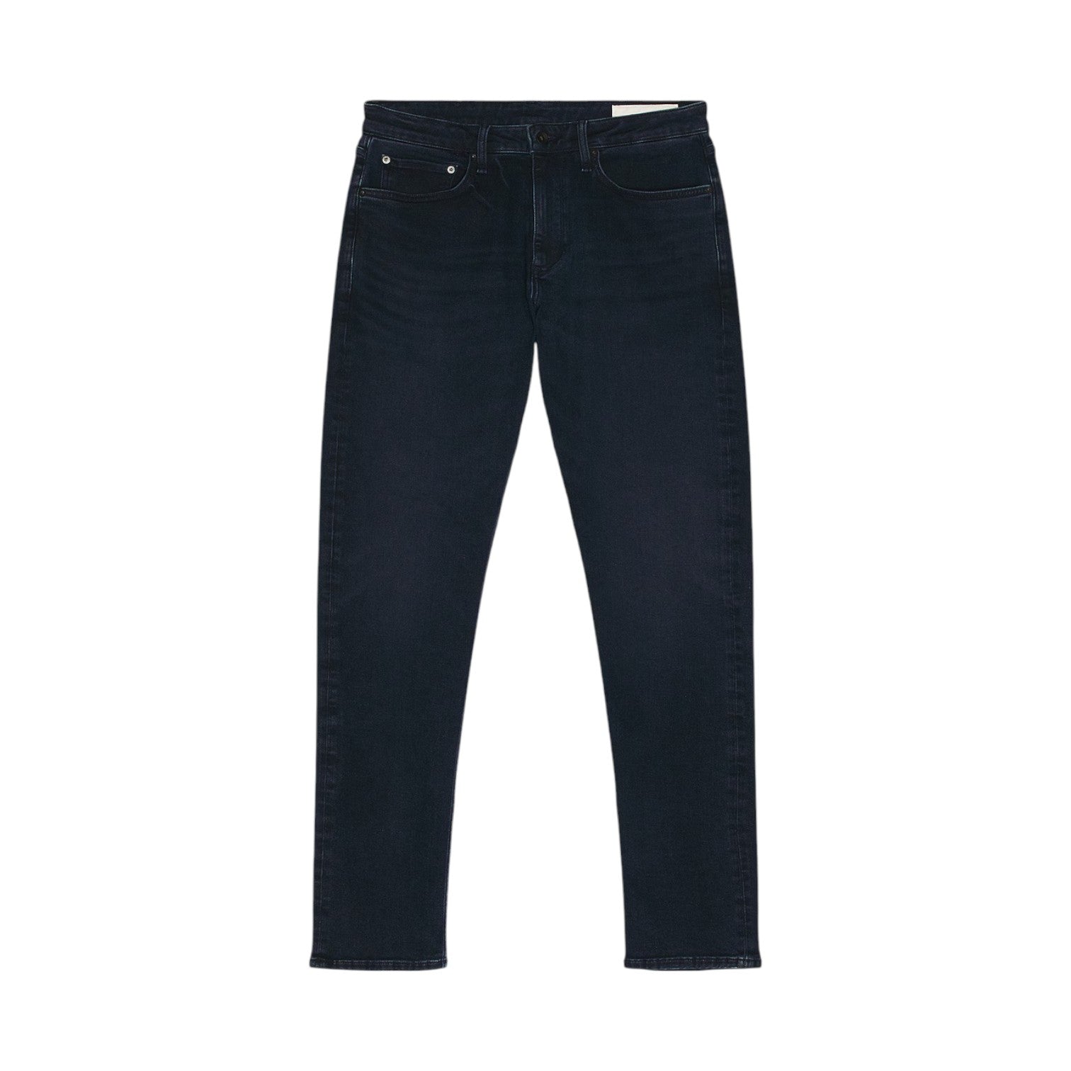 A pair of Rag & Bone Fit 3 Brushed Back Denim jeans in dark blue slim athletic fit with selvedge-inspired stretch denim, shown laid flat on a white background.