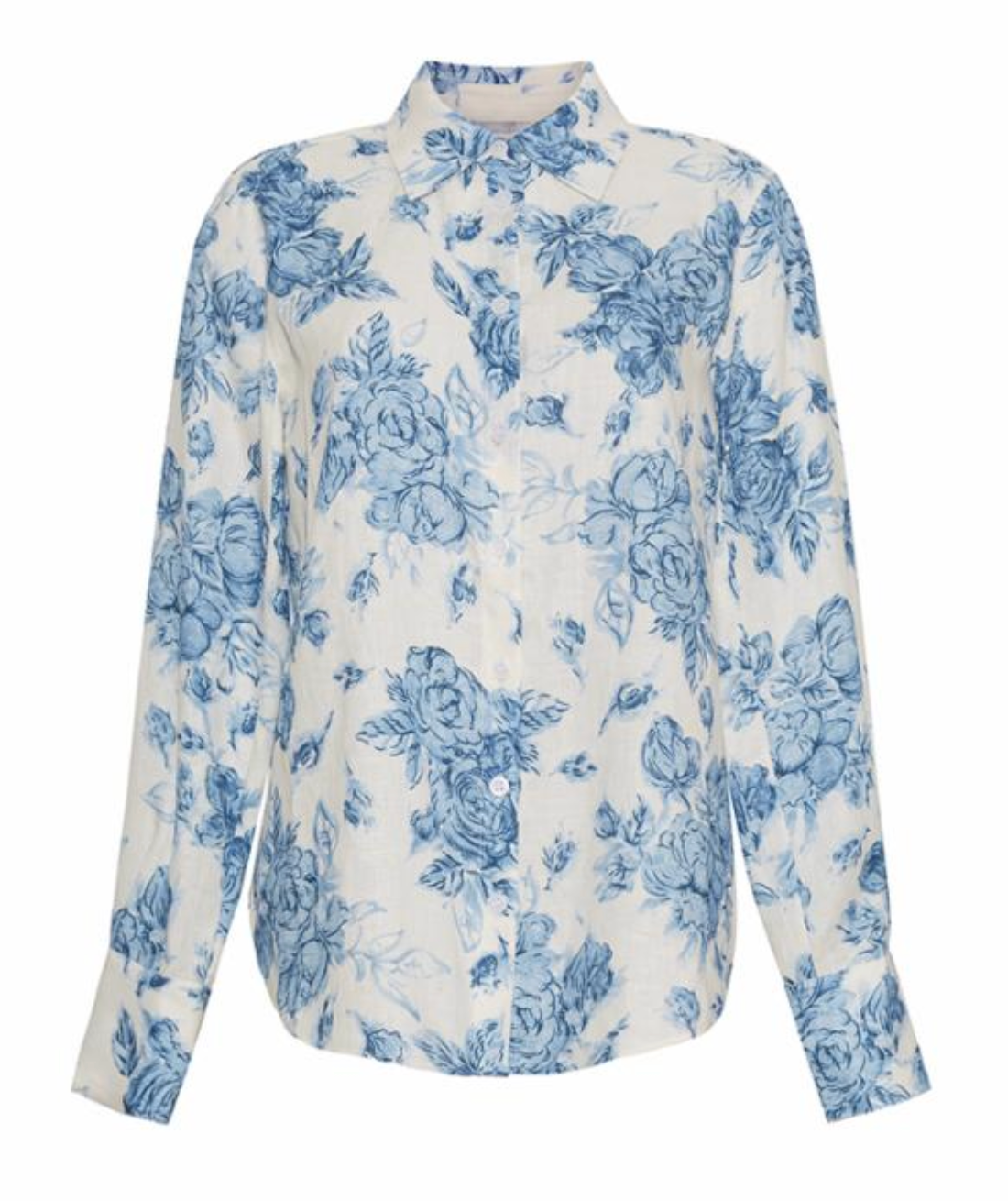 The Cara Cara Perfect Shirt features a crisp blue floral print on a white background, giving this classic long-sleeve button-up a fresh, modern update for your wardrobe.