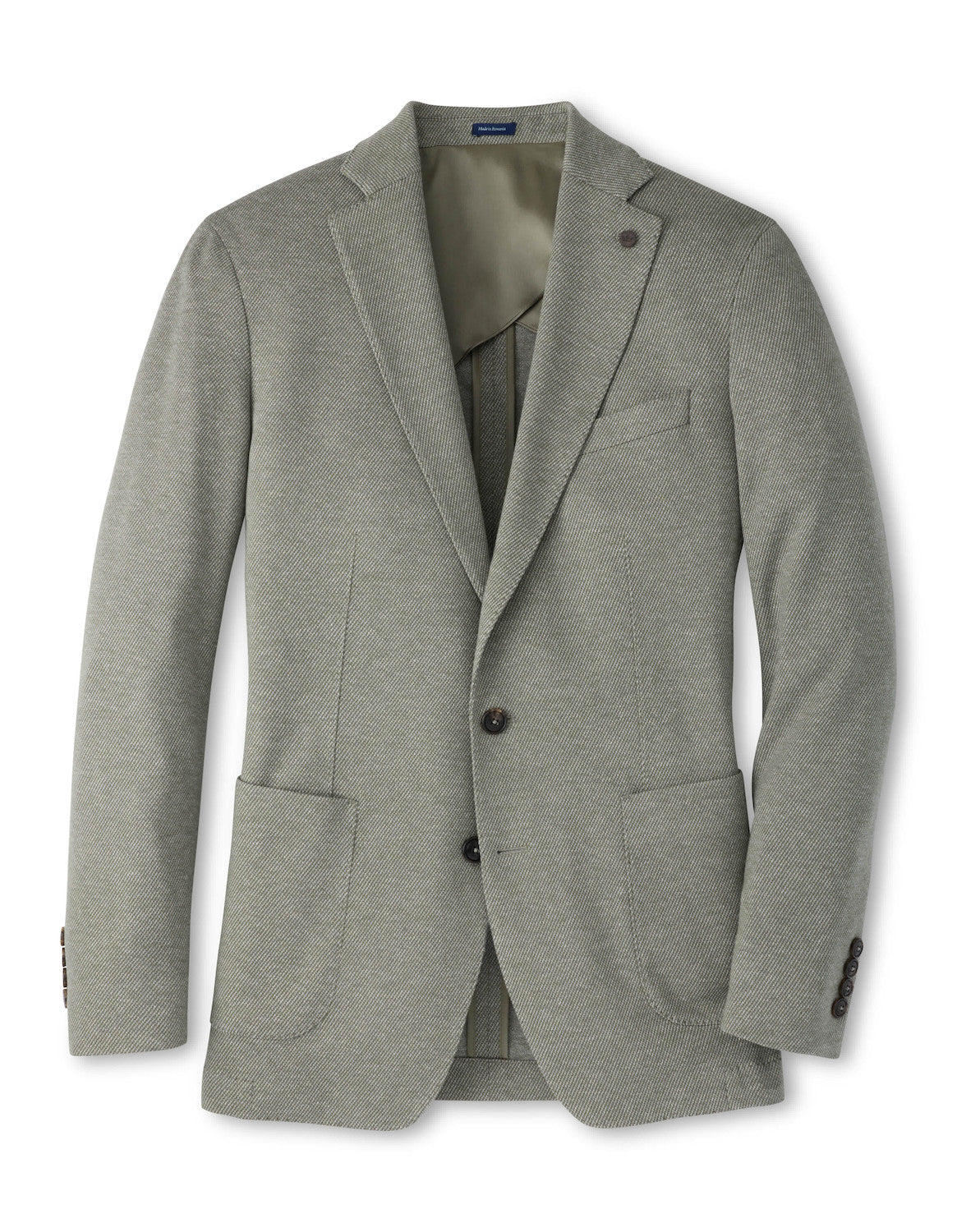 Light grey, two-button Peter Millar Barclay Knit Soft Jacket with notched lapels, a chest pocket, and two patch pockets in a relaxed fit.