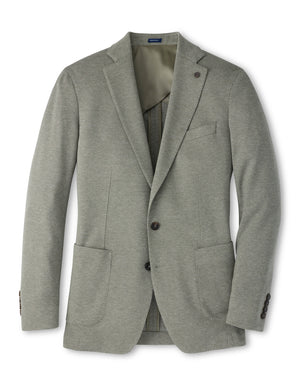 Light grey, two-button Peter Millar Barclay Knit Soft Jacket with notched lapels, a chest pocket, and two patch pockets in a relaxed fit.