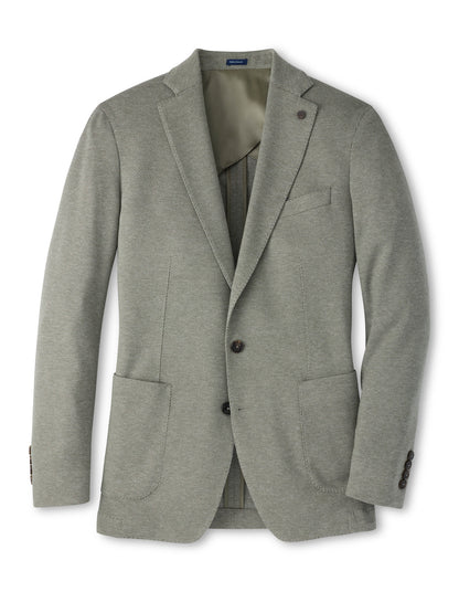 Light grey, two-button Peter Millar Barclay Knit Soft Jacket with notched lapels, a chest pocket, and two patch pockets in a relaxed fit.