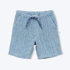 The Boys' Fiorenzo Short by Arsene & Les Pipelettes is a light blue bermuda with an elastic waistband, side pockets, and a blue drawstring, shown on a plain white background.