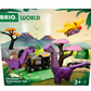 Image of a BRIO Dinosaur Adventure Set package from Brio, showcasing toy dinosaurs, a toy train set, track pieces, and various accessories. This dinosaur-themed play set is recommended for ages 3 and up.