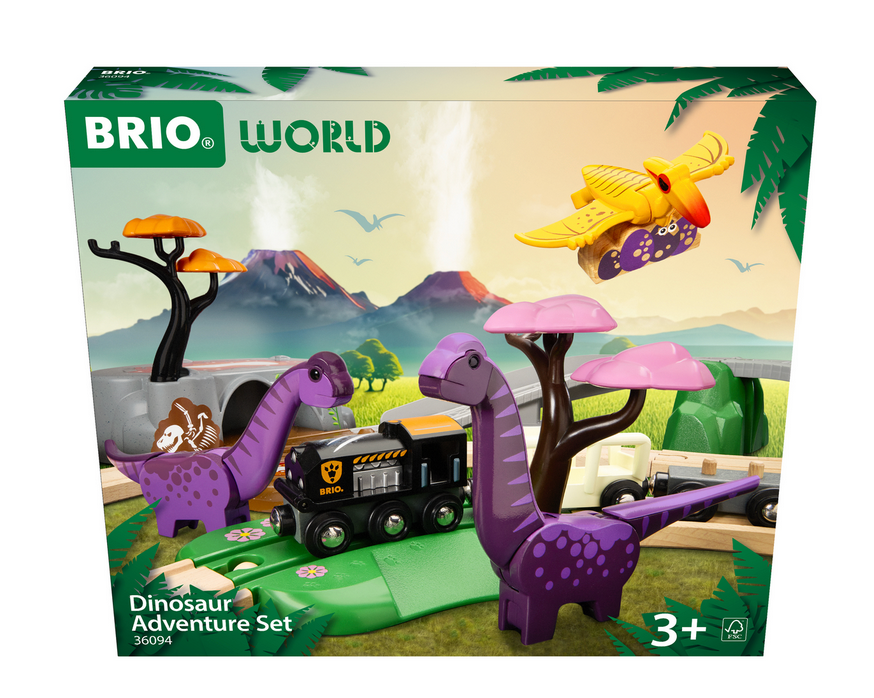 Image of a BRIO Dinosaur Adventure Set package from Brio, showcasing toy dinosaurs, a toy train set, track pieces, and various accessories. This dinosaur-themed play set is recommended for ages 3 and up.