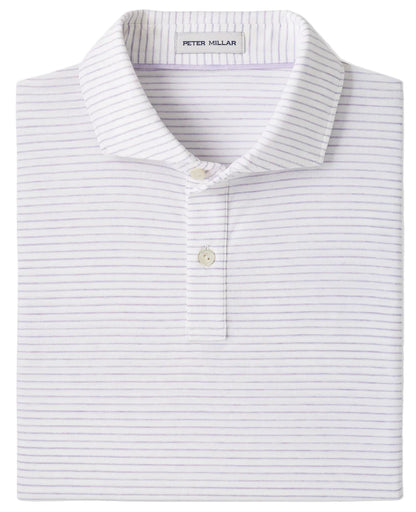 The ETC Stripe Performance Jersey Polo by Peter Millar is a folded white cotton jersey polo shirt featuring thin, light gray horizontal stripes, two buttons, and a visible “Peter Millar” label inside the collar. Designed for Summer Comfort, this shirt offers lightweight stretch performance ideal for warm-weather wear.