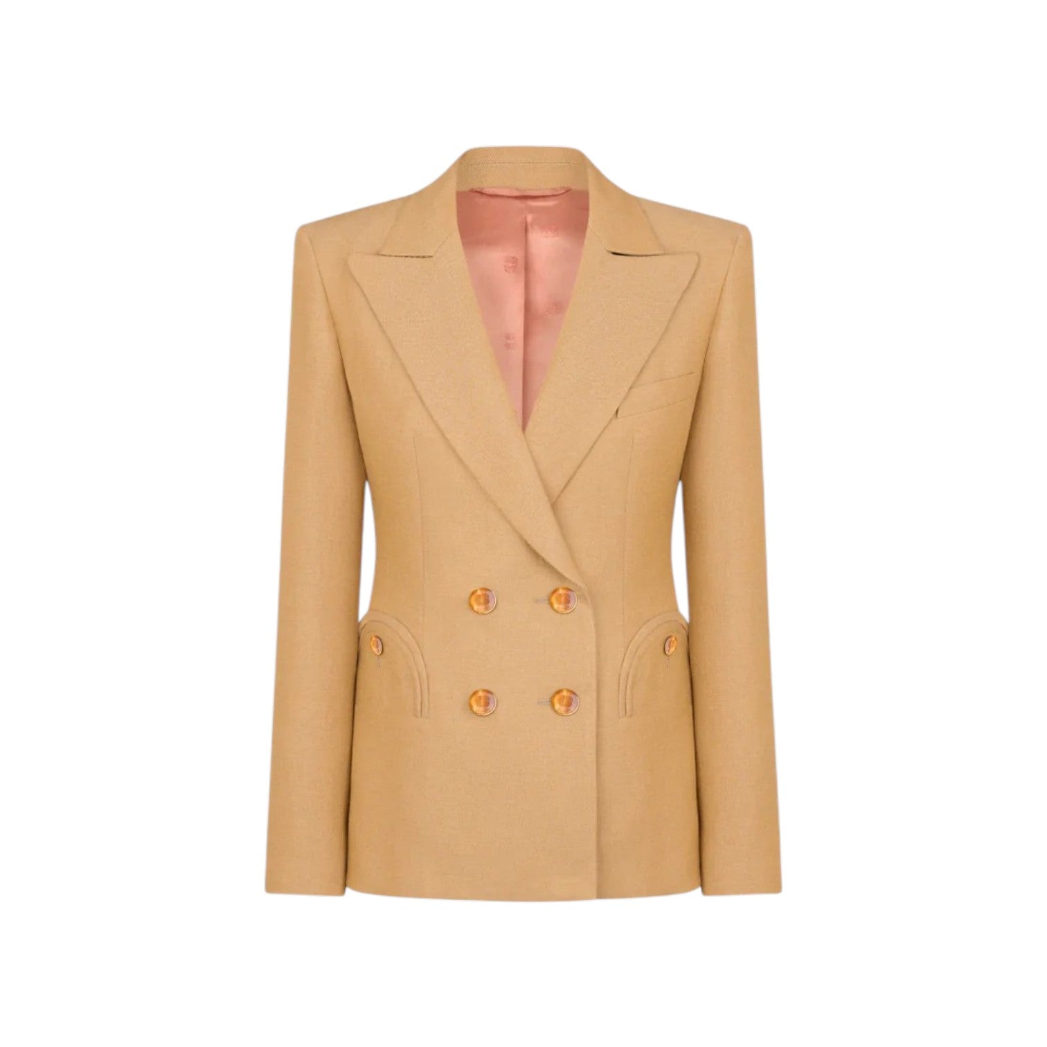 The Renegade Charmer Blazer by Blaze Milano is a beige women's double-breasted linen blazer with gold buttons and a notched lapel, designed for a polished hourglass silhouette, shown on a white background.