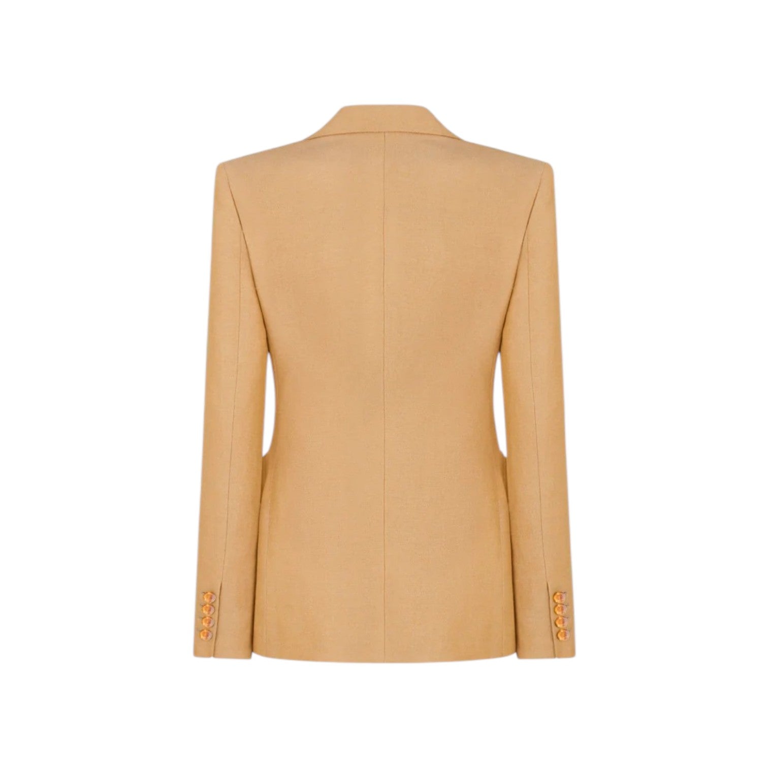 The Renegade Charmer Blazer by Blaze Milano in sand linen is shown from the back, highlighting its long sleeves and cuff button details.
